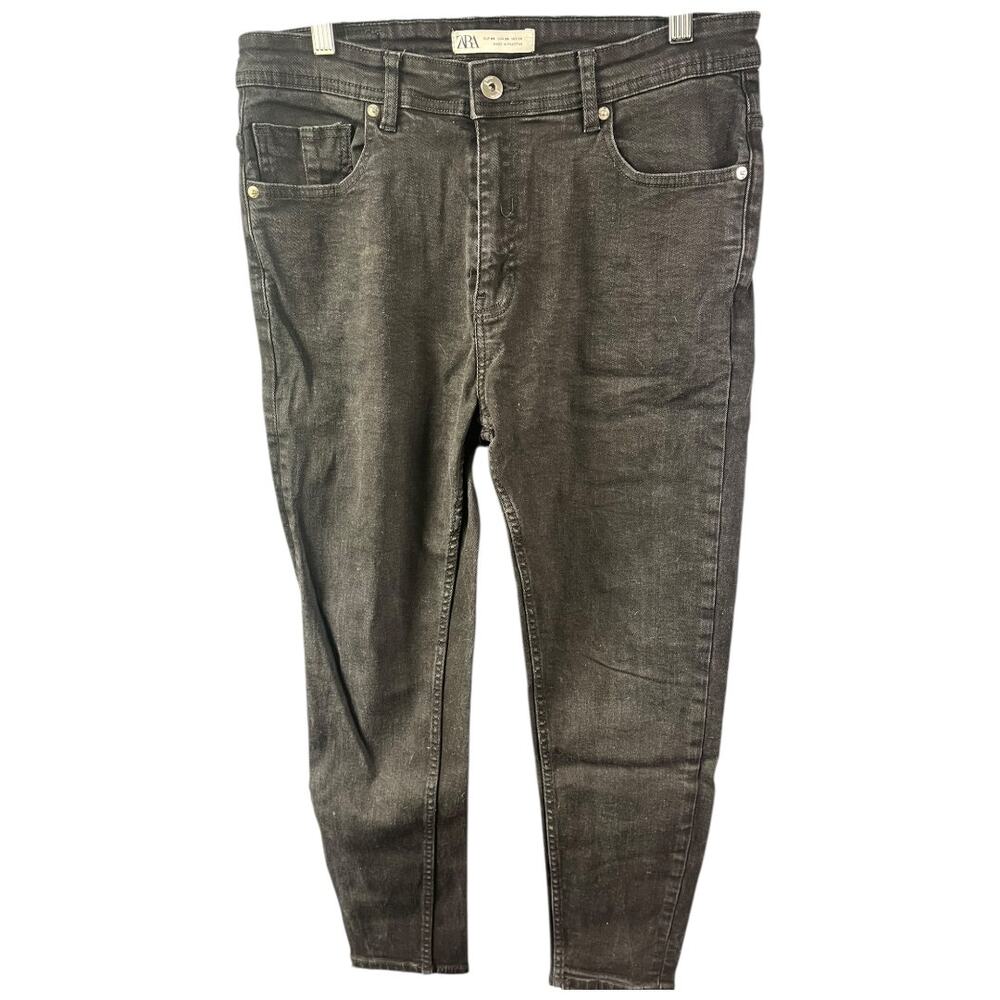 Zara denimwear black cropped denim tapered stretch jeans size 34